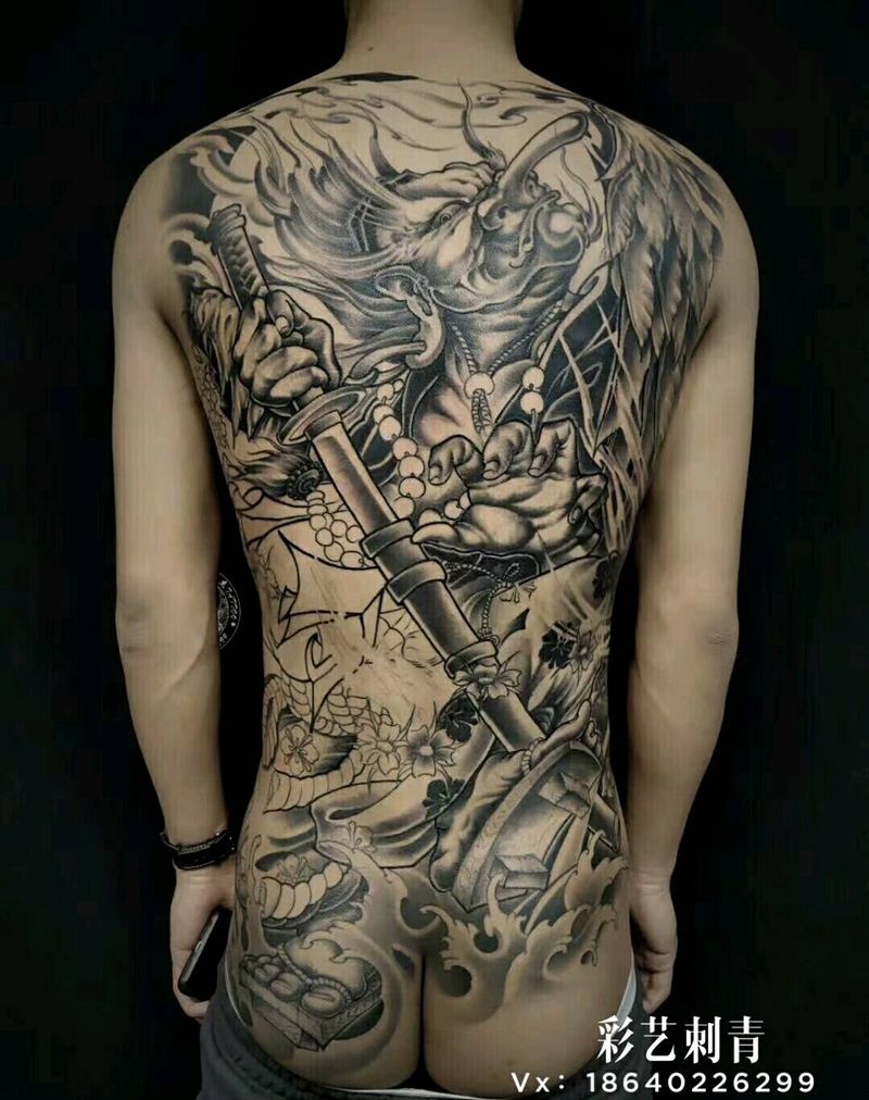 天狗进度，未完待续纹身图片_背部新传统纹身图案