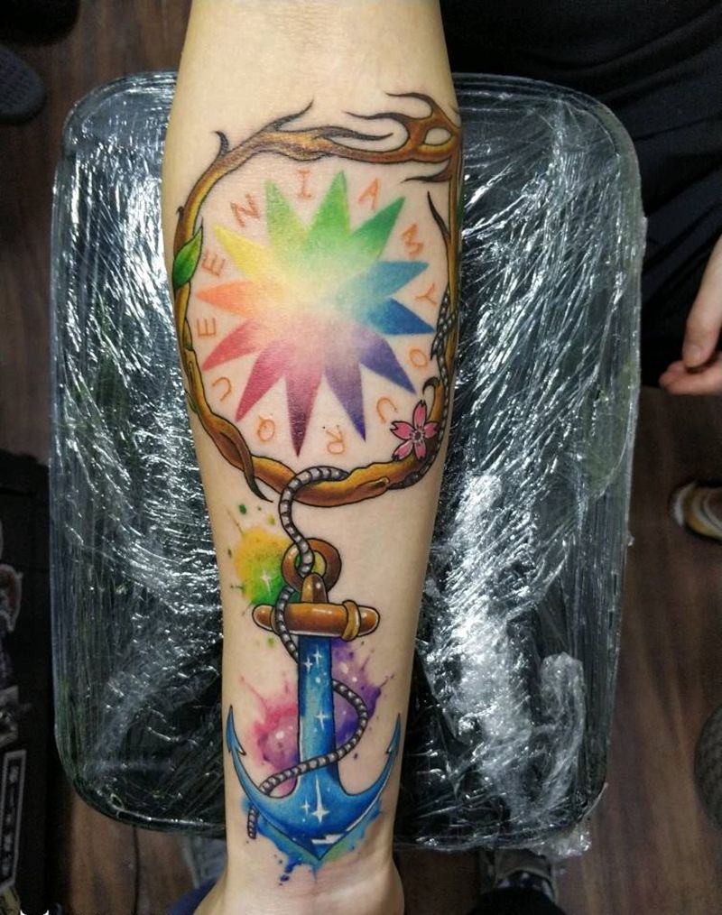 船矛树根（中间彩虹星非吾作）纹身图片_手臂水彩New School船矛纹身图案