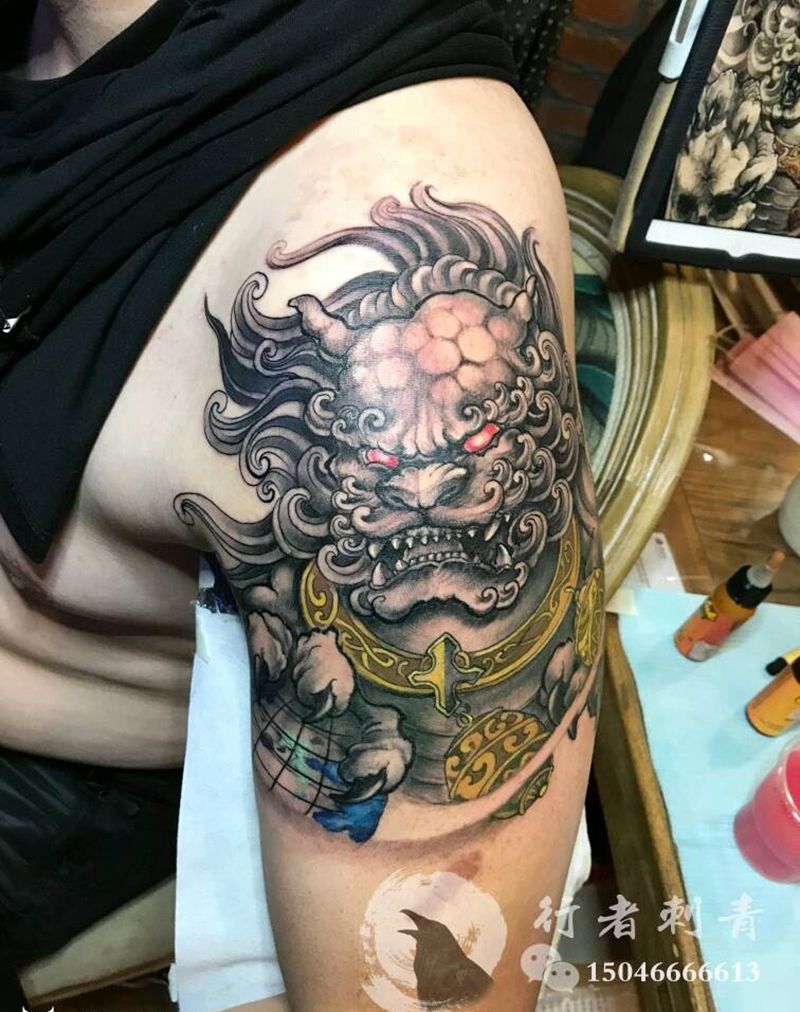 唐狮子纹身图片_手臂传统成品纹身图案