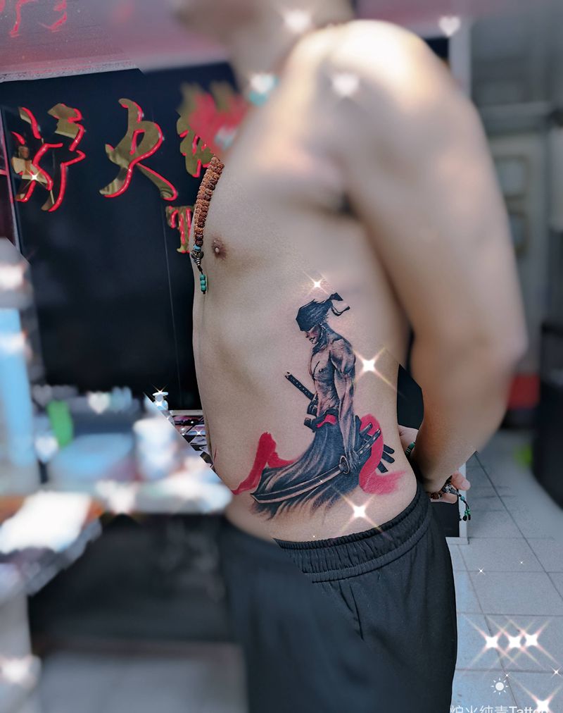 海贼王纹身图片_腰部水彩纹身图案