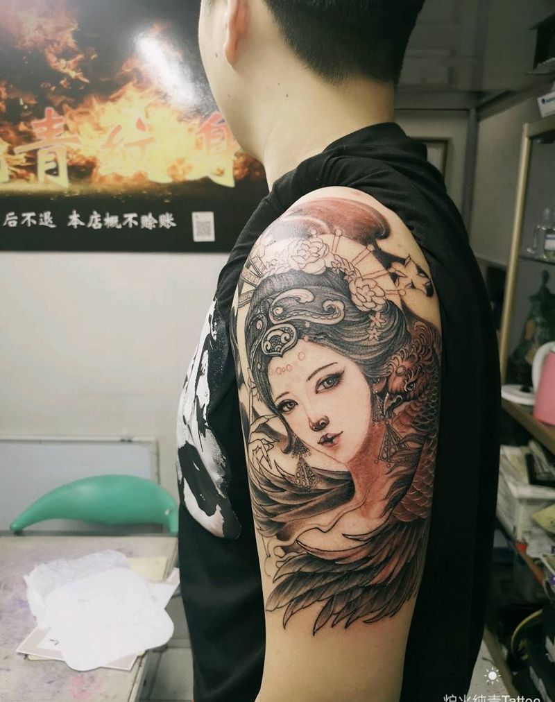 艺妓（未完）纹身图片_肩部新传统纹身图案