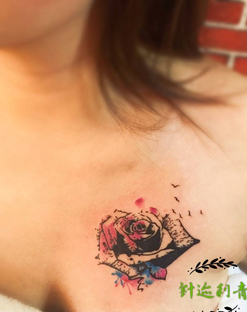 水墨玫瑰纹身图片