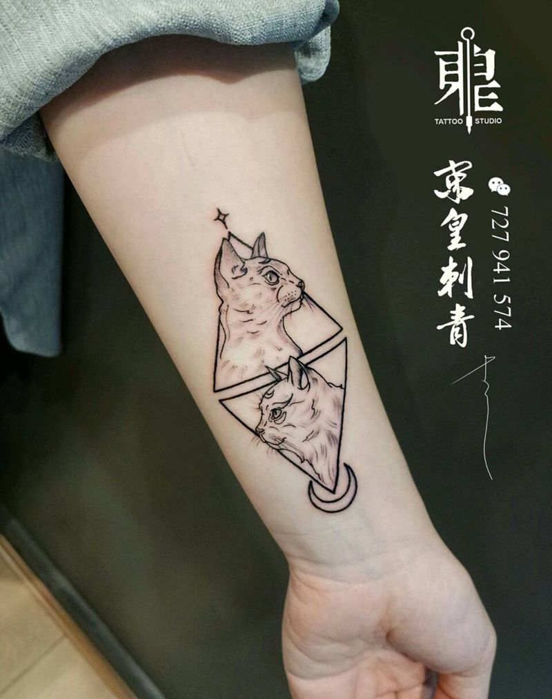 小清新风格喵纹身图片_手臂清新动物猫成品纹身图案