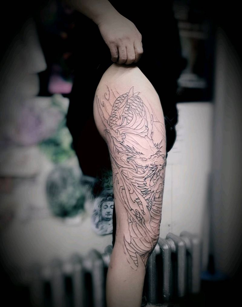 龙腿第一次纹身图片_腿部新传统纹身图案