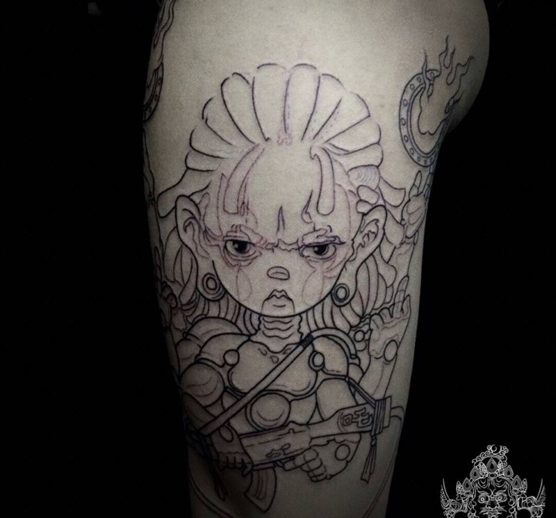 卡通系列,基础线纹身图片_腿部New School纹身图案