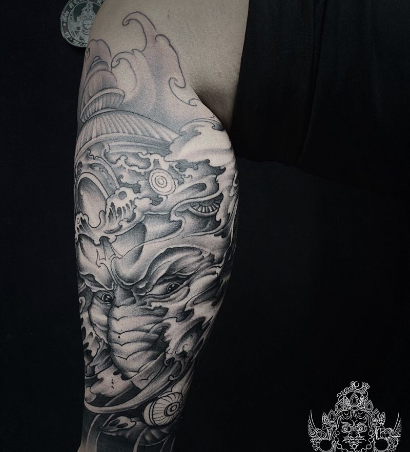 小腿象神纹身图片_腿部新传统纹身图案