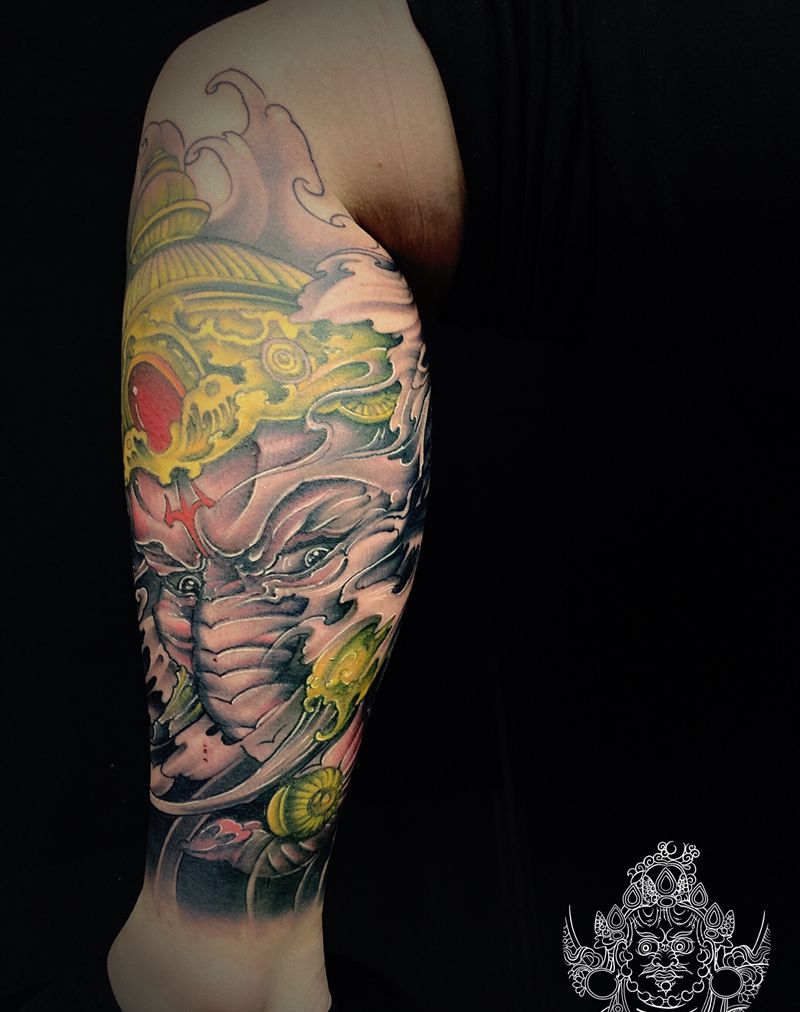 象神完成纹身图片_腿部新传统纹身图案