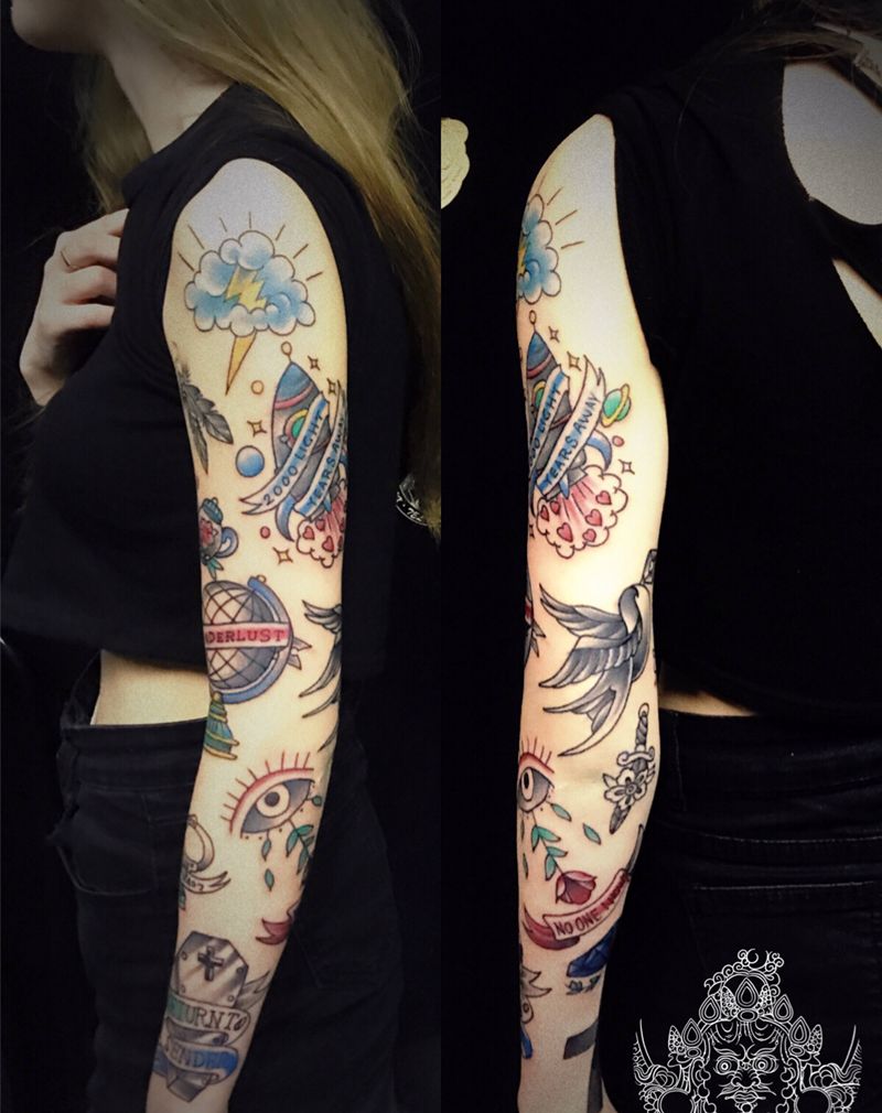 店内折扣花臂纹身图片_手臂Old School纹身图案