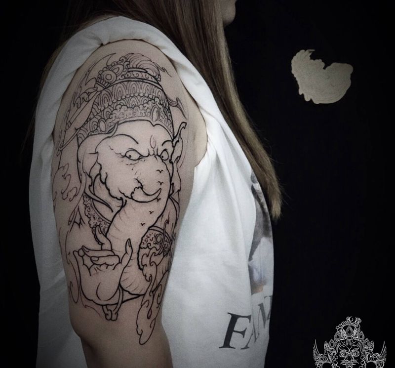 象神线条纹身图片_手臂新传统纹身图案