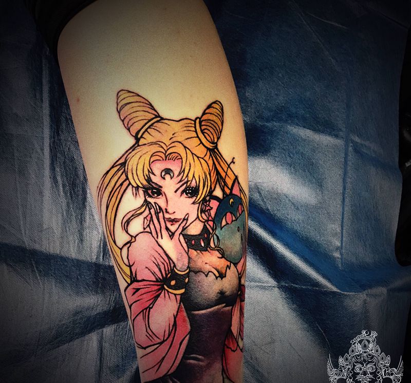 美少女战士纹身图片_腿部水彩New School纹身图案