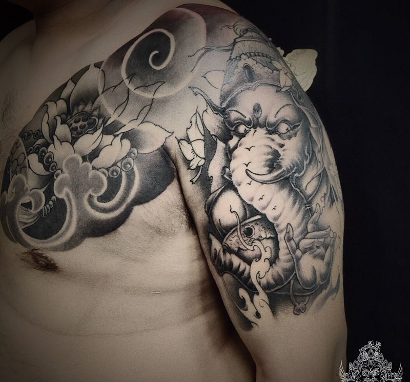 半甲纹身图片_手臂胸部新传统纹身图案