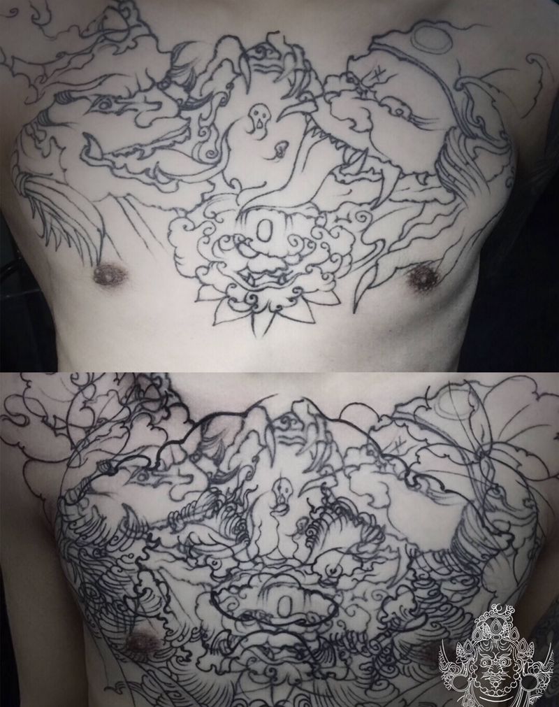 暴力遮盖重彩，初次线完成纹身图片_胸部新传统纹身图案