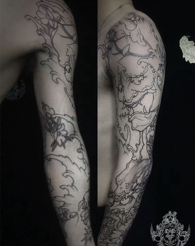 新传统花臂，初次线完成纹身图片_手臂新传统纹身图案