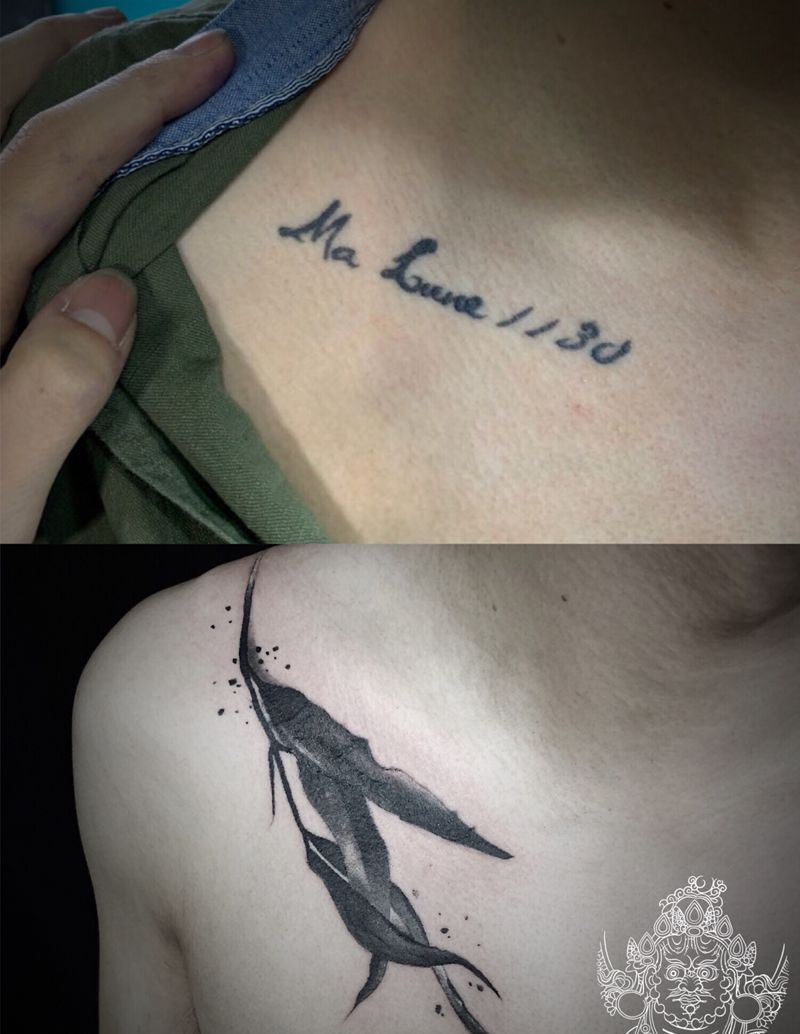 锁骨遮盖纹身图片_胸部图腾水墨纹身图案