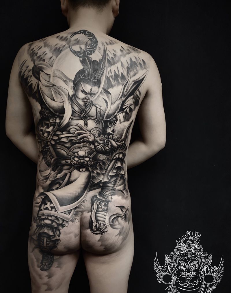 店内作品 满背杨戬纹身图片_背部新传统纹身图案