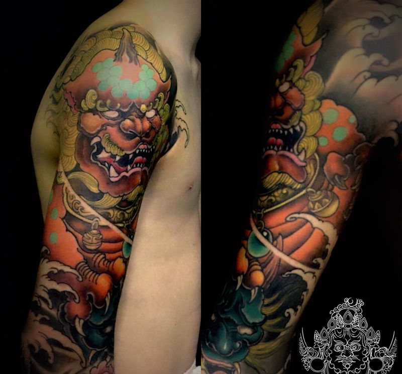 店内作 彩色唐狮纹身图片_手臂新传统纹身图案