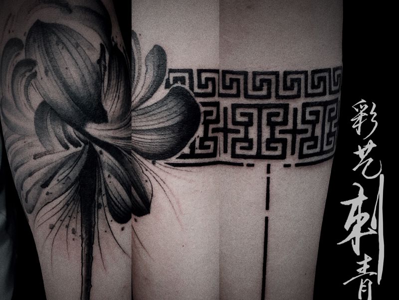 二合一的搭配纹身图片_手臂水墨图腾纹身图案