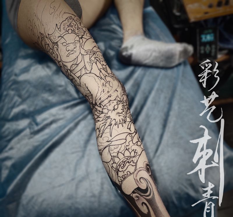 店内作品 花腿未完纹身图片_腿部新传统纹身图案