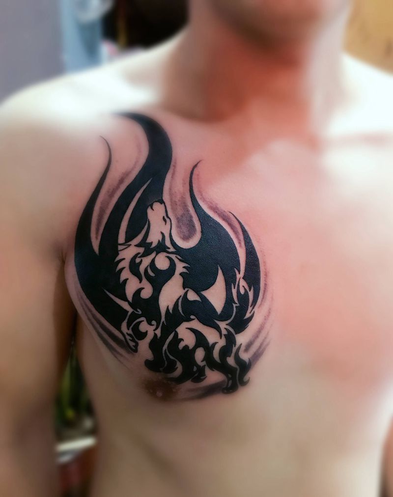 狼图腾纹身图片_胸部纹身图案