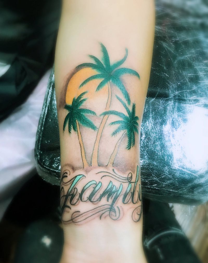 椰子树纹身图片_手臂Old School纹身图案