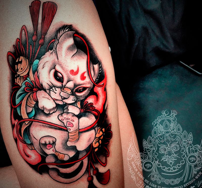 喵纹身图片_腿部新传统New School纹身图案