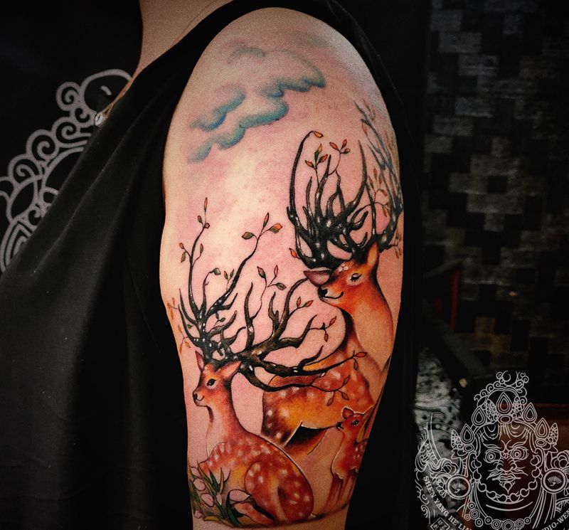 鹿纹身图片_手臂水彩纹身图案