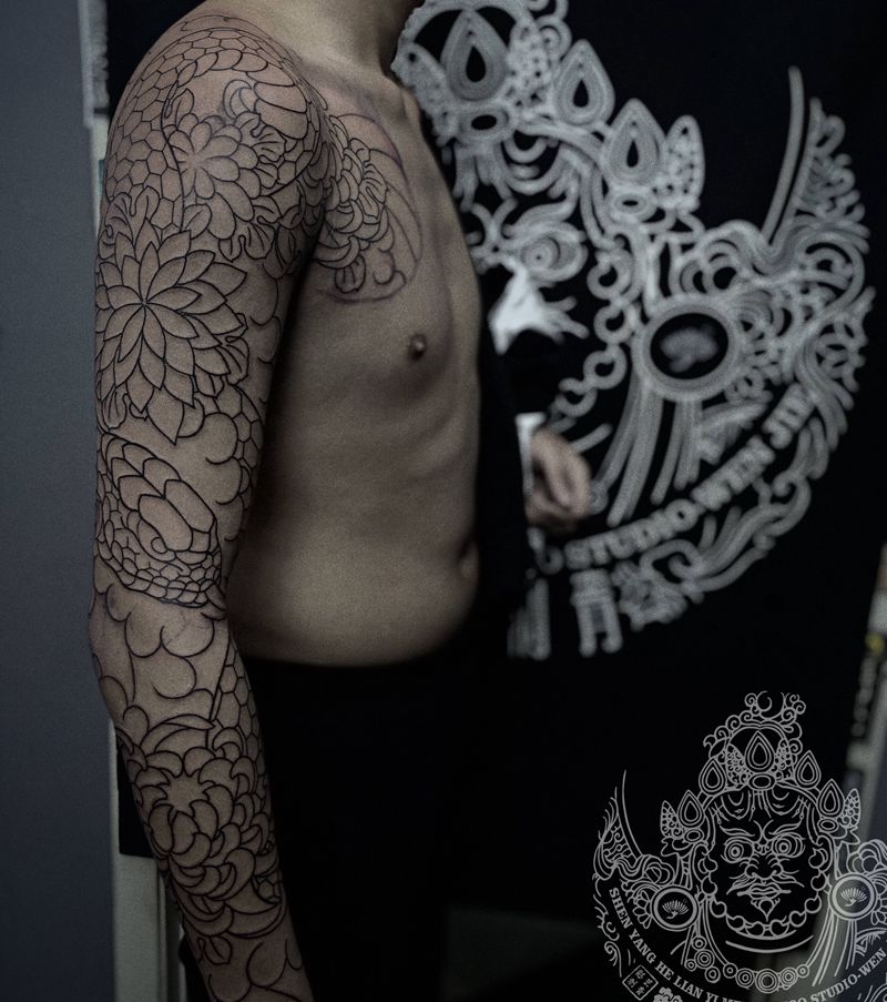 店内花臂基础线纹身图片_手臂老传统纹身图案