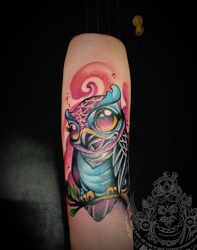 猫头鹰，遮盖作品纹身图片_手臂Old SchoolNew School纹身图案