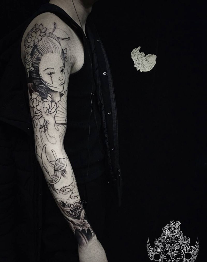 店内传统花臂,未完纹身图片_手臂新传统纹身图案