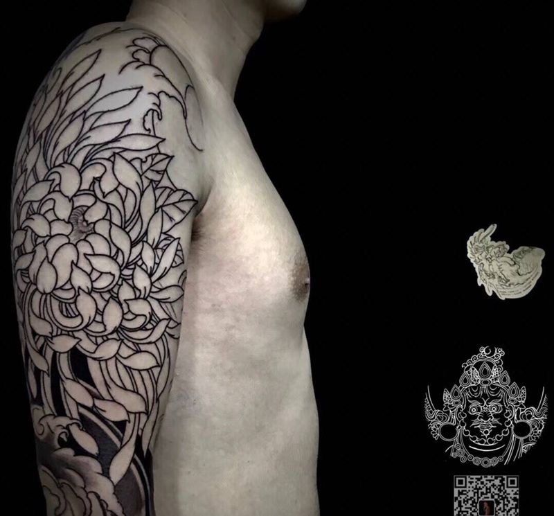 菊，未完待续纹身图片_手臂新传统纹身图案