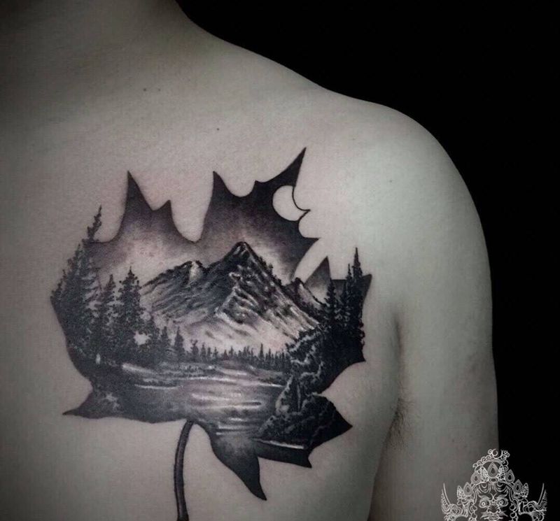 特别有意境的山水图纹身图片_手臂水墨新传统纹身图案