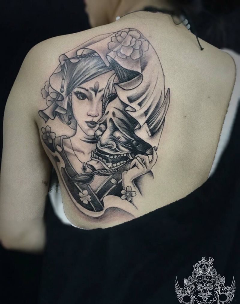 后肩艺妓纹身图片_肩部新传统纹身图案