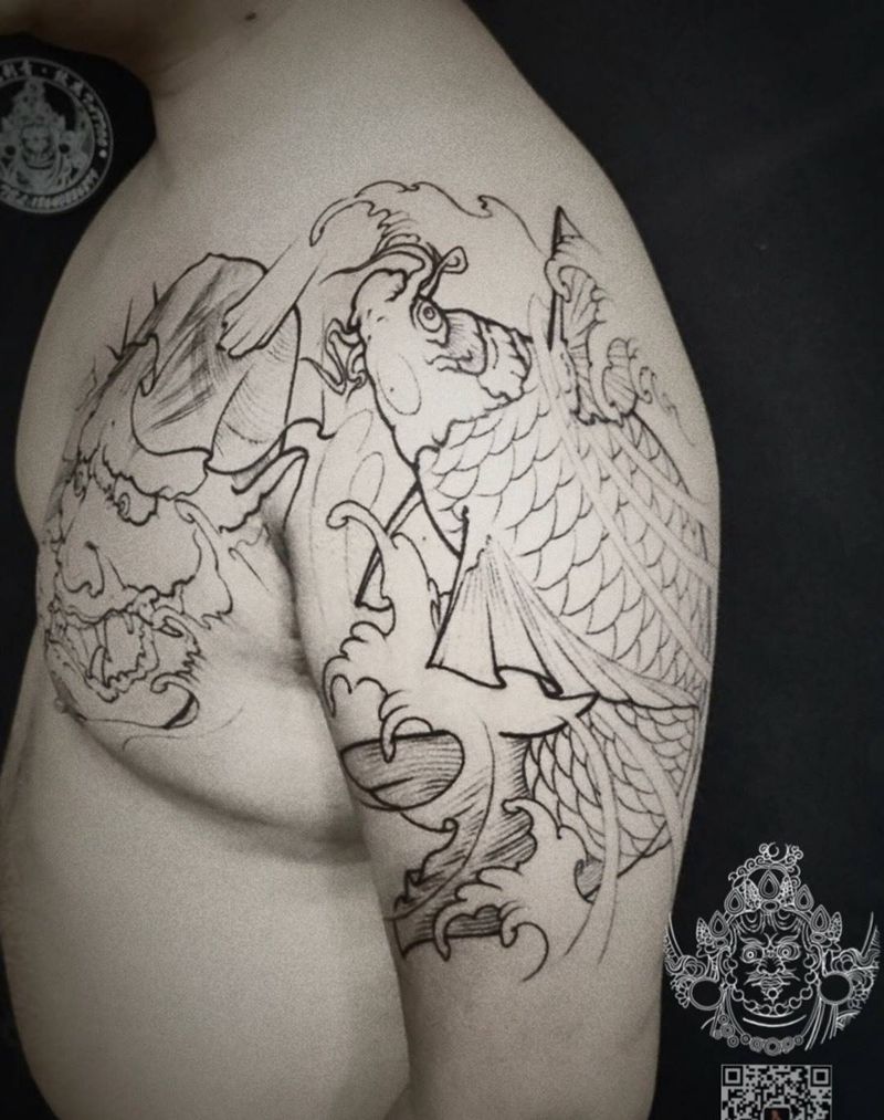 半甲鱼般若，基础线完成纹身图片_手臂胸部新传统纹身图案