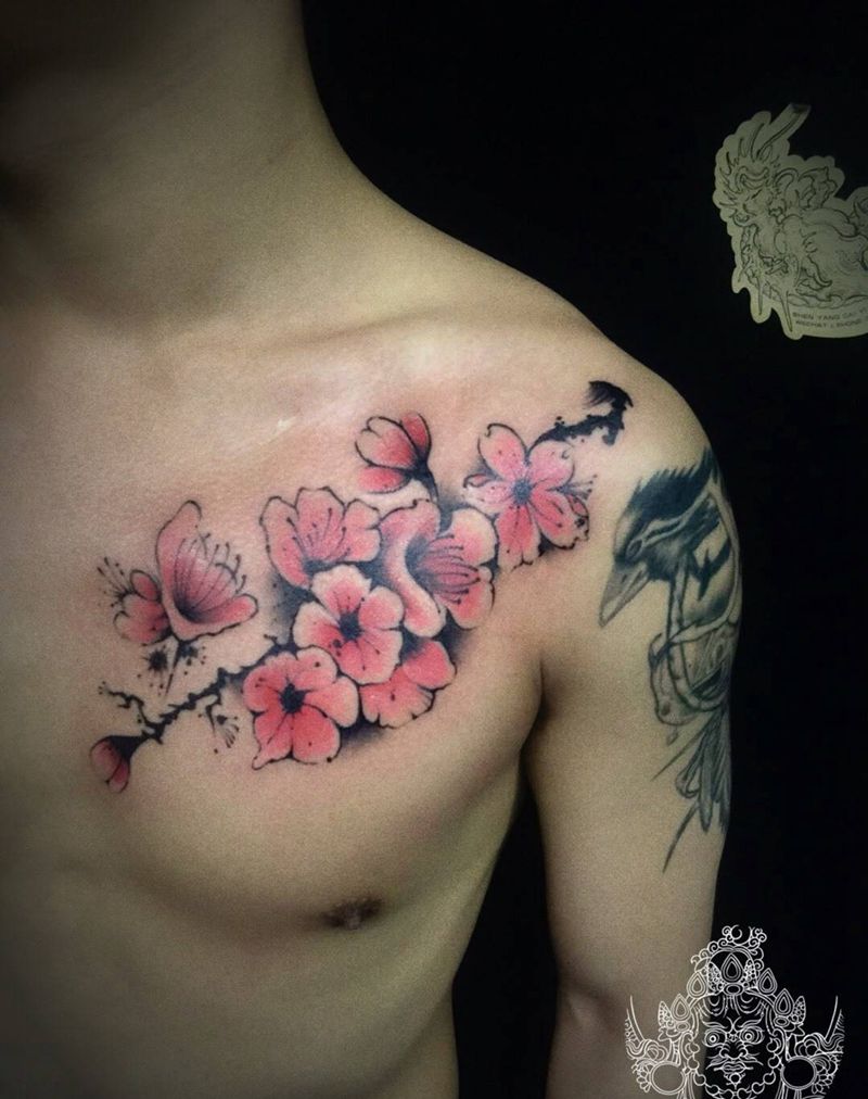 彩色小图纹身图片_胸部水彩新传统纹身图案