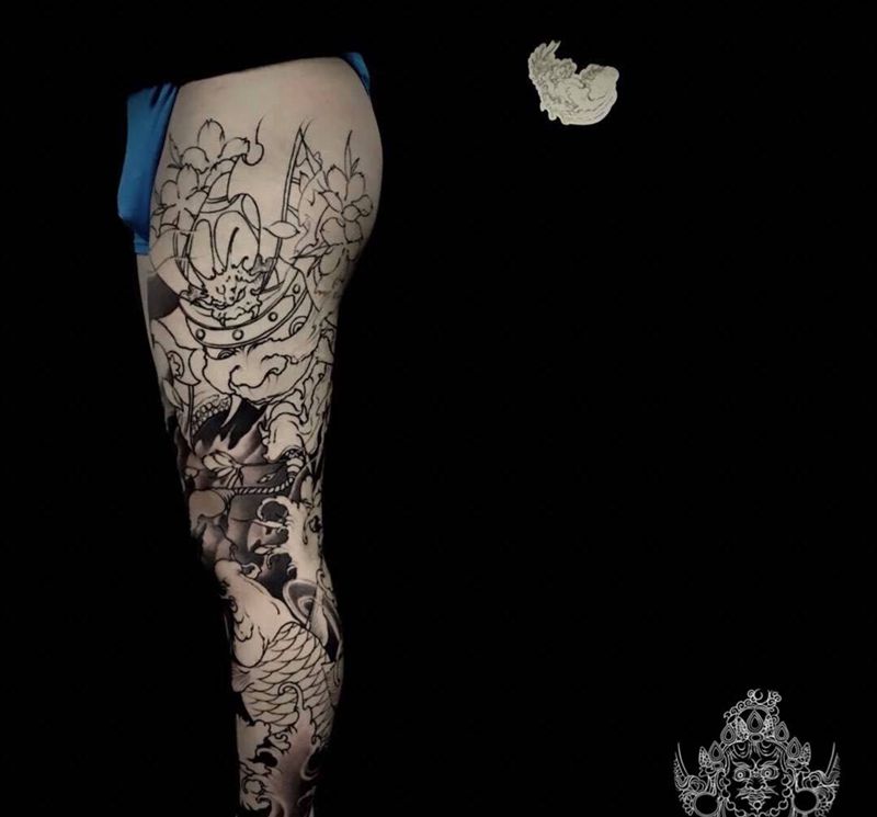 花腿进度,很帅,很酷哇纹身图片_腿部新传统纹身图案