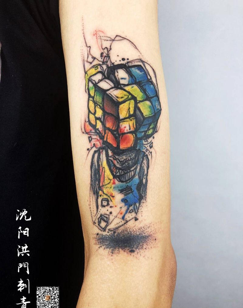 魔方纹身图片_手臂手部New School水彩纹身图案