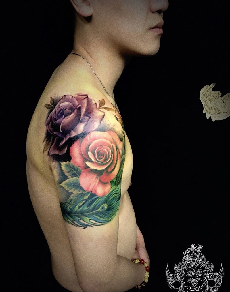 玫瑰玫瑰我爱你纹身图片_手臂水彩新传统纹身图案
