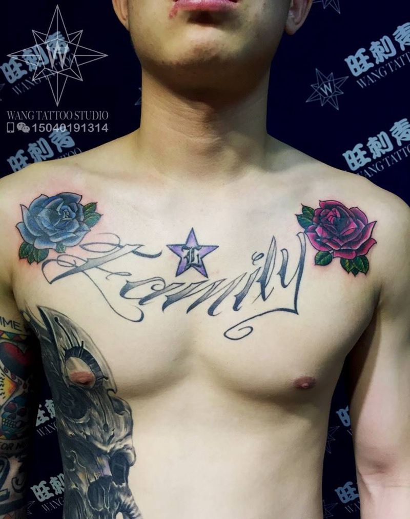 玫瑰花纹身图片_成品胸部欧美植物纹身图案