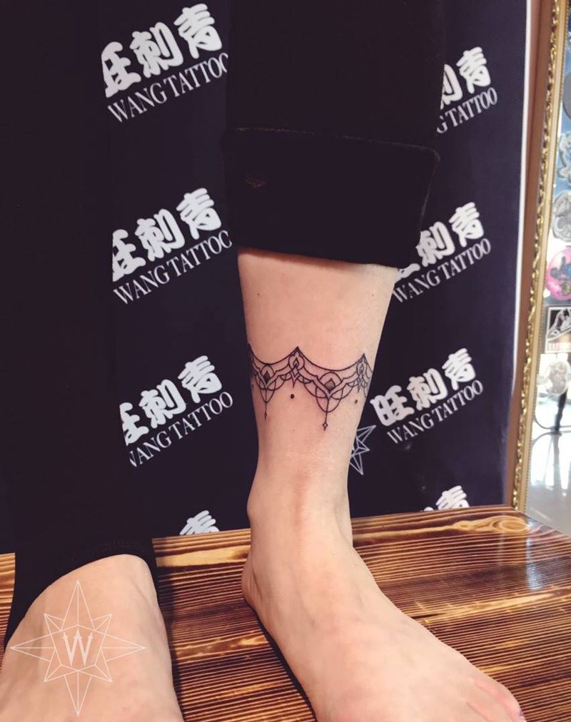 脚链纹身图片_成品腿部欧美清新几何纹身图案