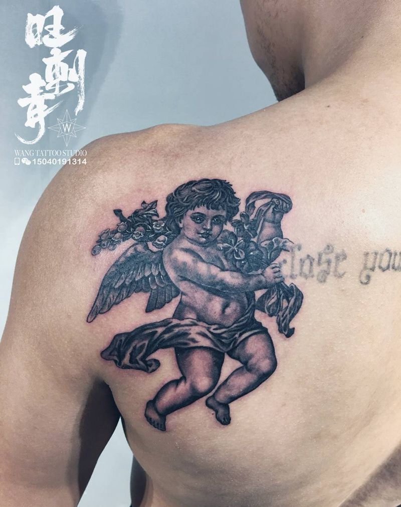 天使纹身图片_成品背部欧美人物宗教纹身图案
