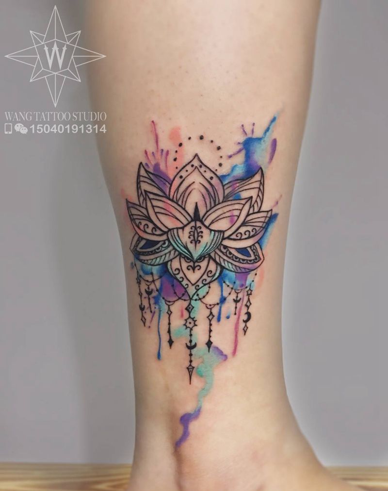 莲花纹身图片_成品脚踝欧美清新植物纹身图案