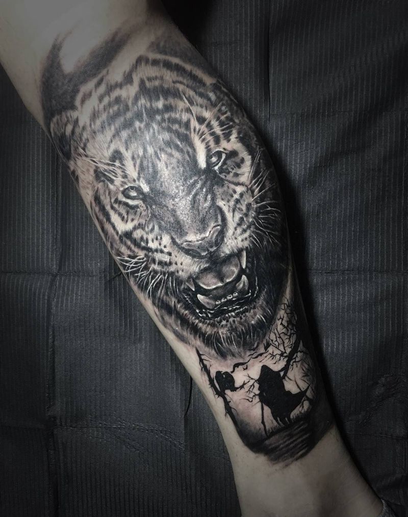 写实大猫纹身图片_成品写实腿部动物纹身图案