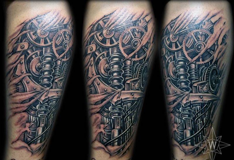 机械小腿纹身图片_成品腿部欧美写实纹身图案