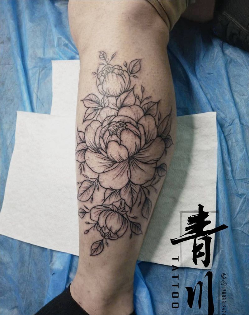 素花，徒弟作品纹身图片_腿部纹身图案