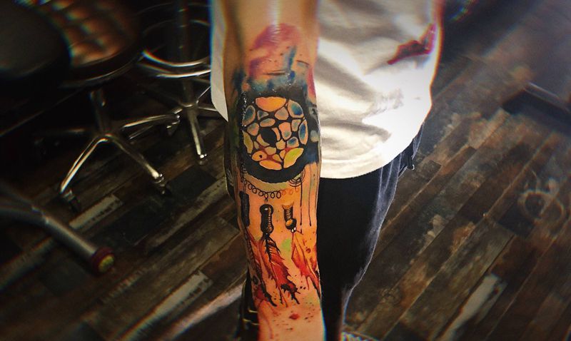 捕梦网纹身图片_手臂水彩水墨纹身图案