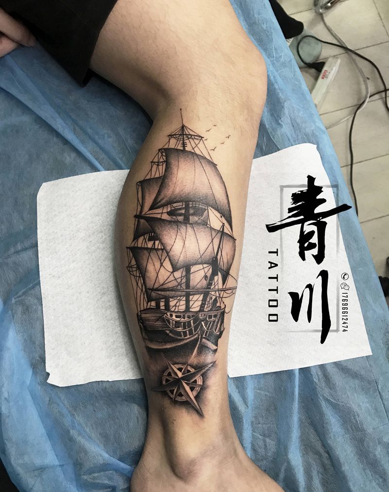 帆船纹身图片_腿部纹身图案