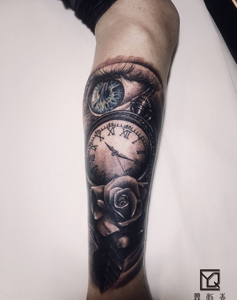 玫瑰怀表眼睛纹身图片_腿部欧美写实玫瑰欧美写实眼睛纹身图案