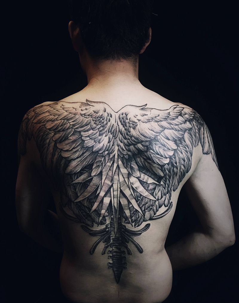 翅膀纹身图片_背部新传统点刺点刺翅膀天使 死神纹身图案