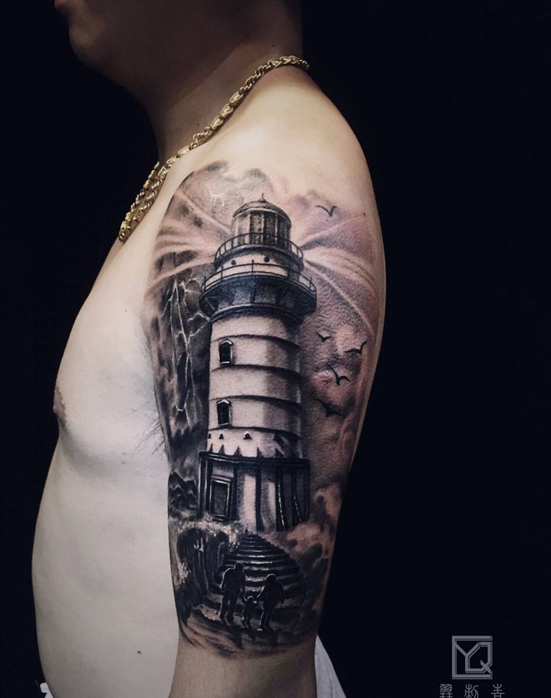 灯塔纹身图片_肩部手臂欧美写实新传统欧美写实灯塔一家人纹身图案