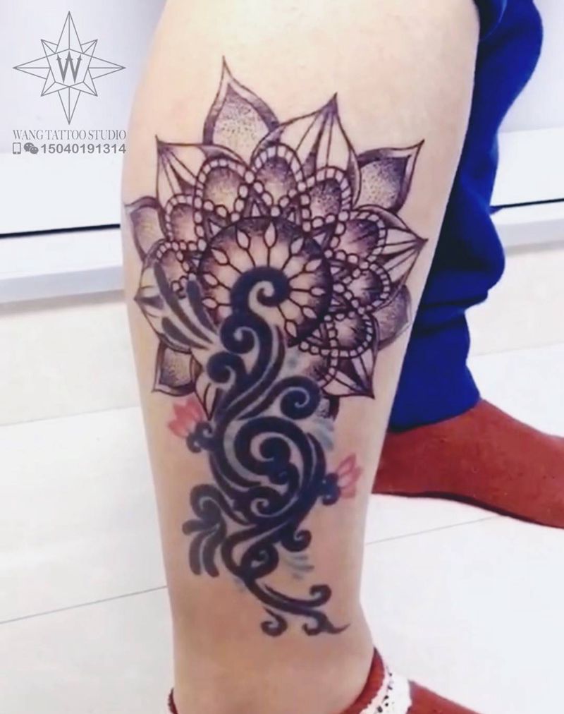 曼陀罗花纹身图片_成品腿部欧美图腾宗教几何纹身图案
